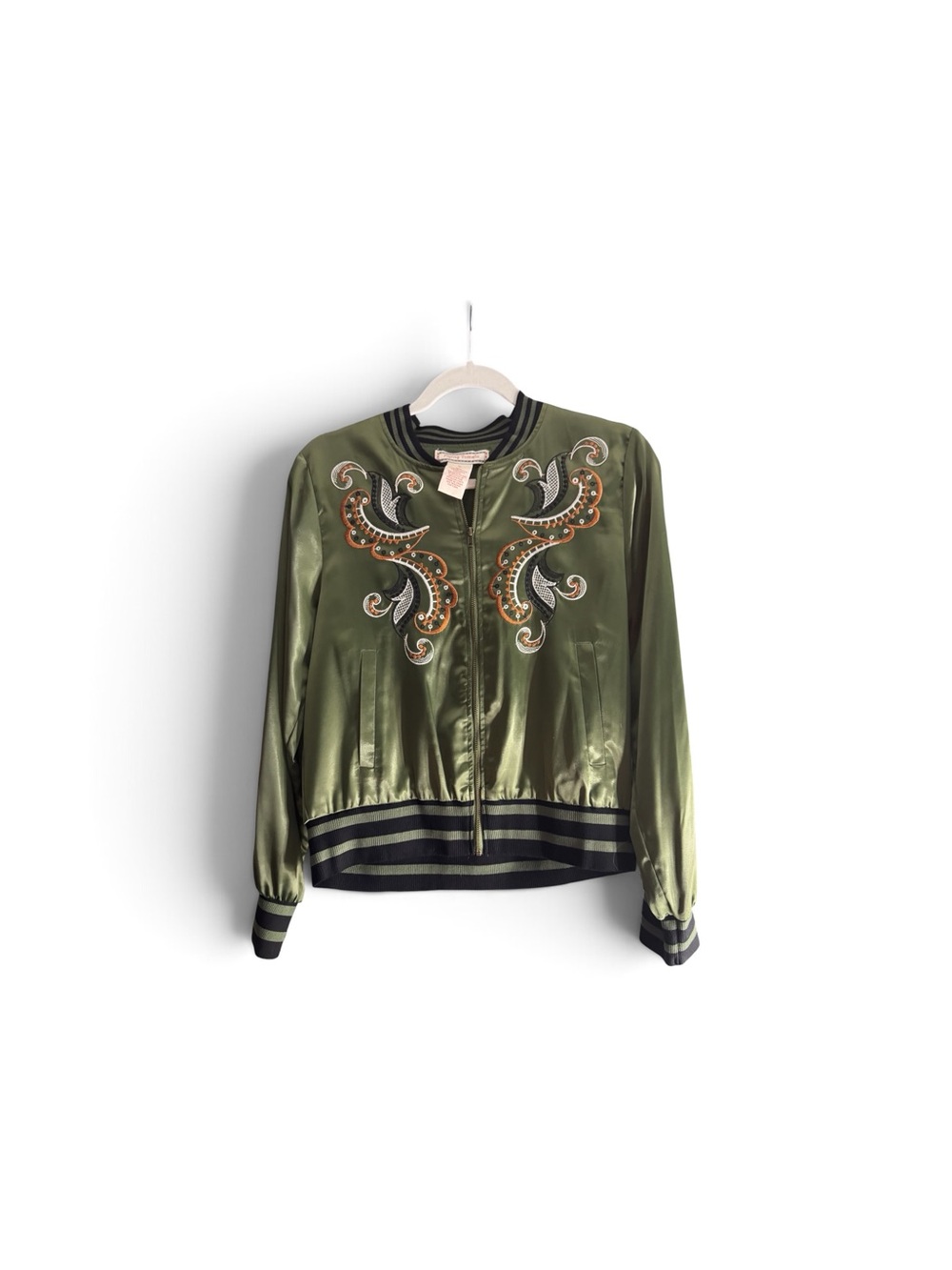 Flying Tomato Olive Green Satin Embroidered Bomber Jacket